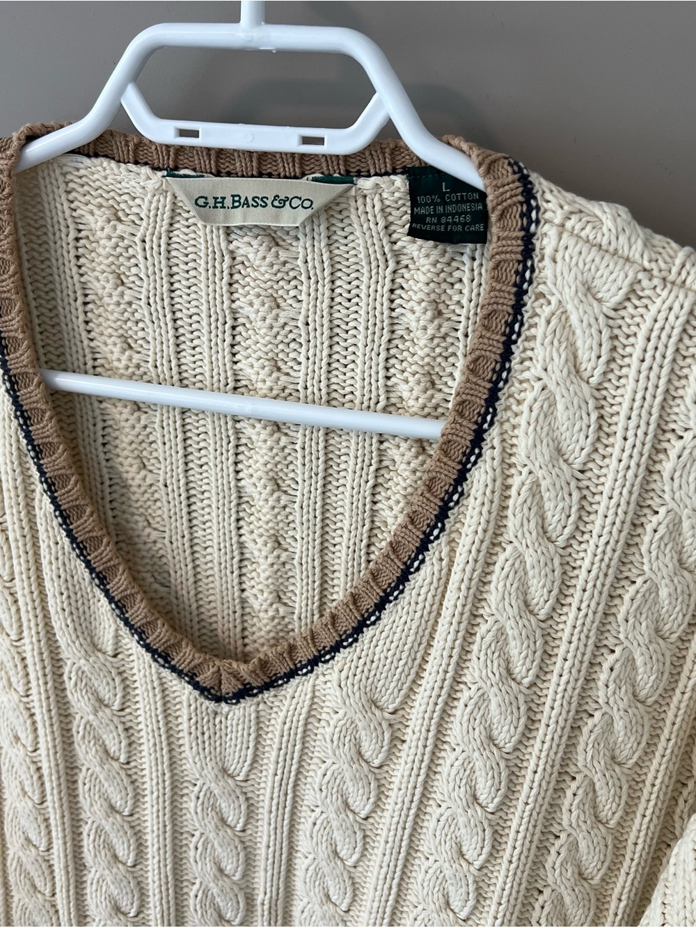 G.H. Bass & Co. Cream Cable Knit V-Neck Sweater with Tan & Navy Trim